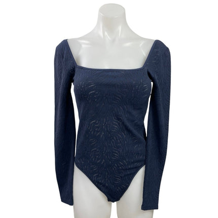 Aritzia Babaton Navy Blue Textured Square Neck Long Sleeve Bodysuit Top Size M