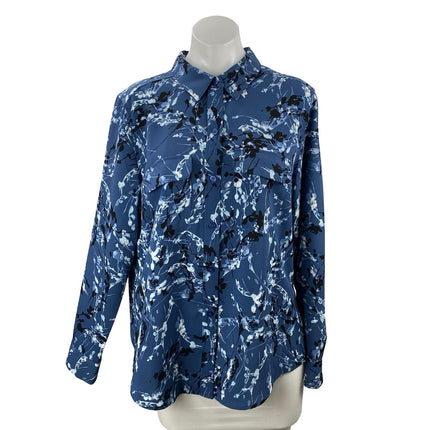 Alfani Womens Blue Floral Long Sleeve Pocket Button Down Blouse Shirt Top Size L