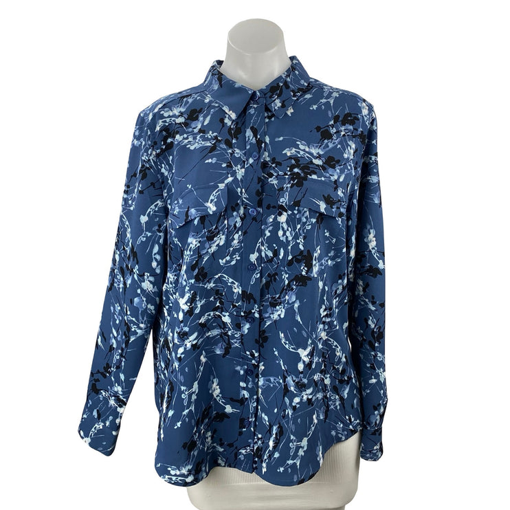 Alfani Womens Blue Floral Long Sleeve Pocket Button Down Blouse Shirt Top Size L