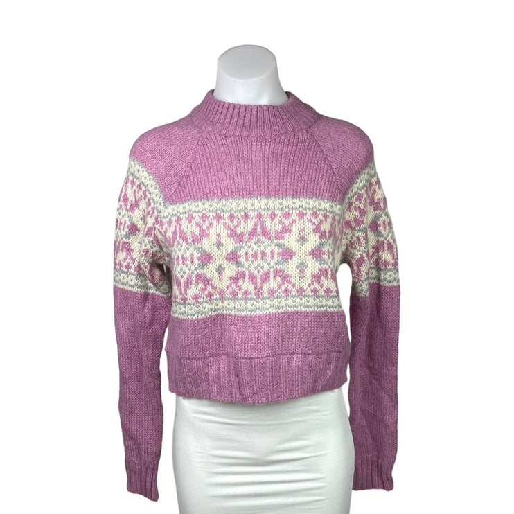 Lottie Moss Womens Pink Purple Southwest Fair Isle Crop Pullover Sweater Size S