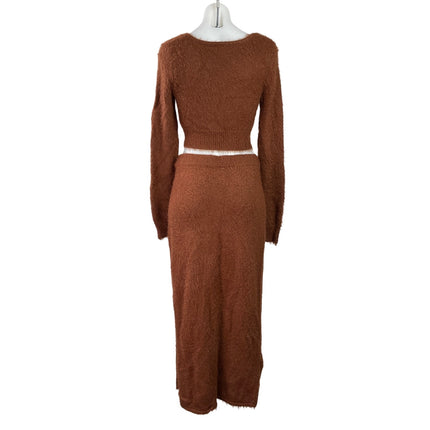 Asos Women's Brown Eyelask Knit Fuzzy Long Sleeve Sweater Midi Skirt Set 4/6