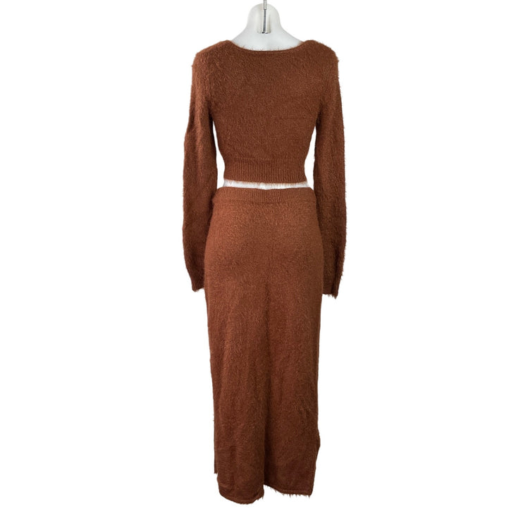 Asos Women's Brown Eyelask Knit Fuzzy Long Sleeve Sweater Midi Skirt Set 4/6