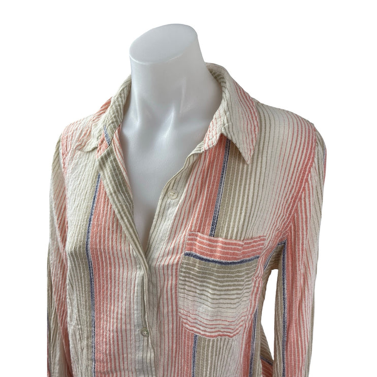 Liverpool Women's Beige Coral Striped Long Sleeve Button Down Shirt Top Size S