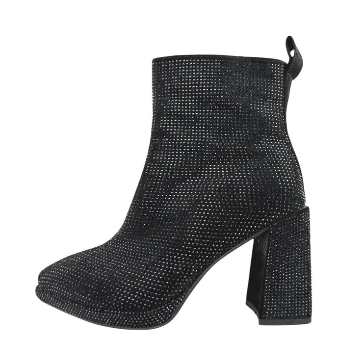 Stefaniya Nina Black Studded Rhinestone Sparkly Block Heel Zip Ankle Boots Sz 10