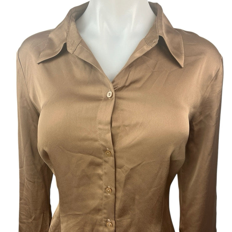 Abercrombie & Fitch Silk Satin Bronze Brown Button Down Mini Shirt Dress Size M