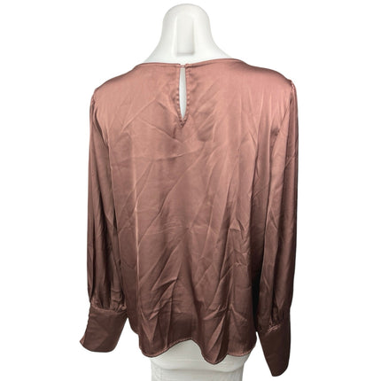 Skies Are Blue Brown Pink Silk Satin Crew Neck Long Sleeve Blouse Top Size XL