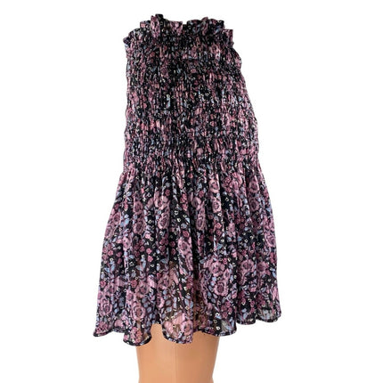 Zara Black Purple Floral Smocked Ruffle Mini A-Line Flared Skirt Skort Size M