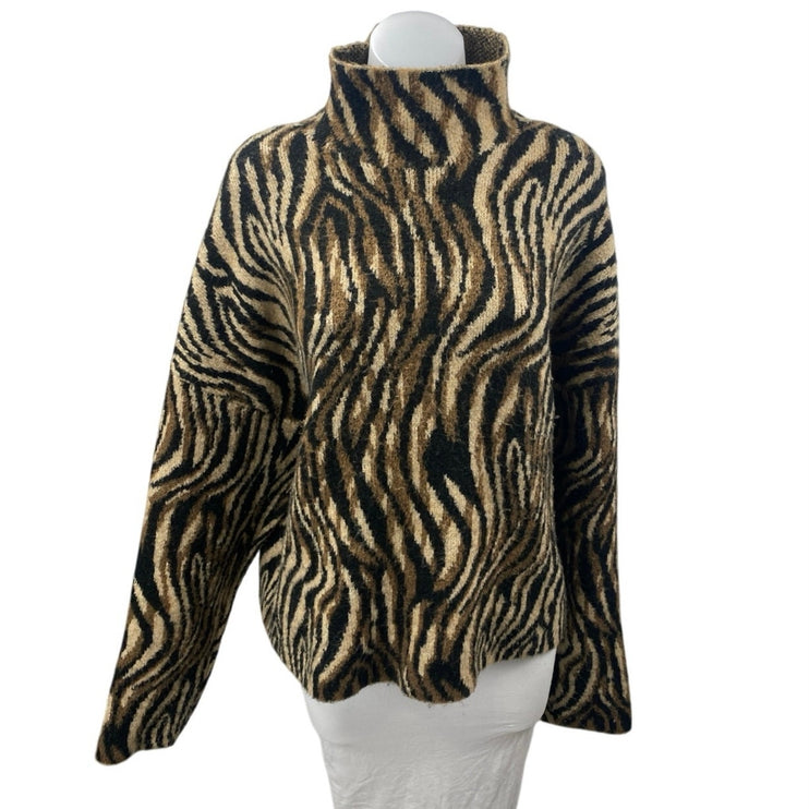 Zara Brown Wool Zebra Animal Print Turtleneck Long Sleeve Knit Sweater Top Sz L