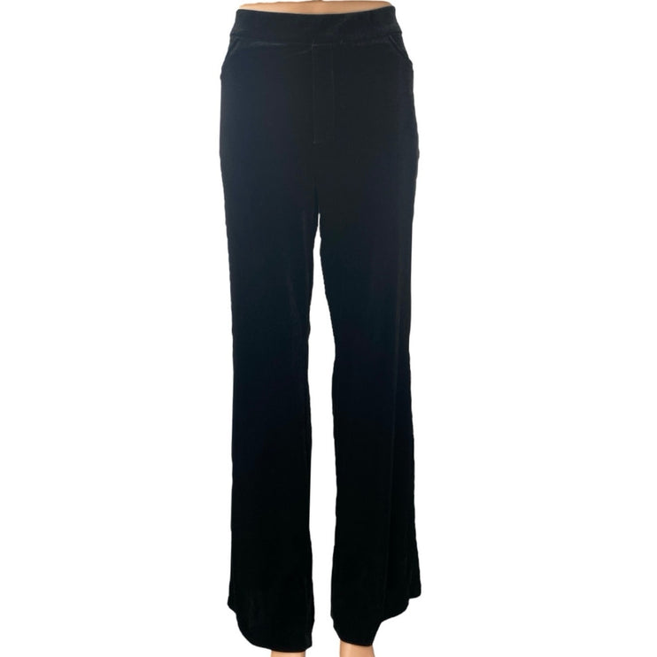 Zara Black Velvet Velour Straight Wide Leg High Waisted Pull On Trousers Pants L