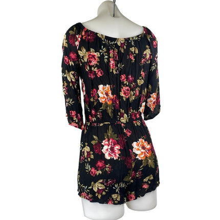 Ambiance Women's Black Floral 3/4 Sleeve Off Shoulder Wide Leg Jumpsyut Romper S