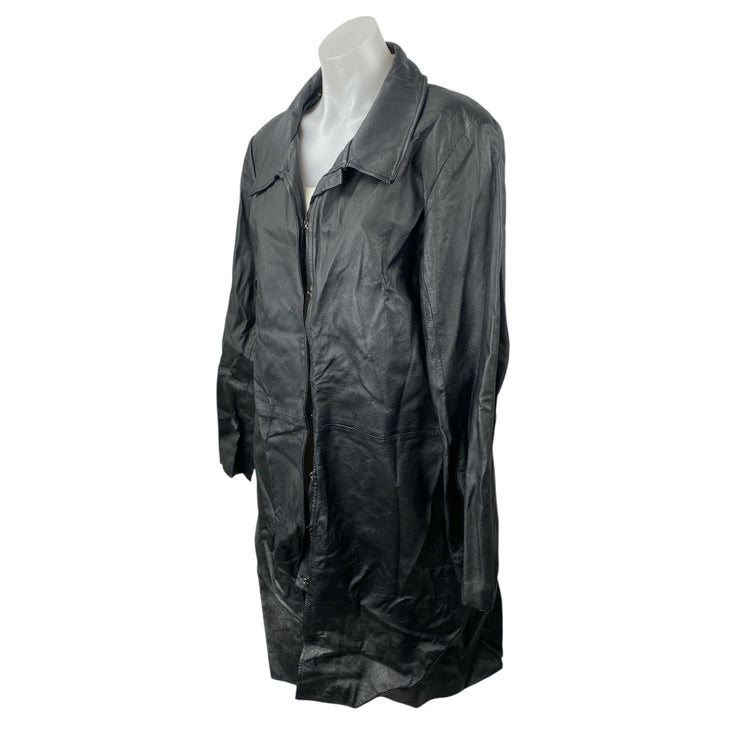 Newport News 100% Genuine Leather Womens Black Long Sleeve Trench Coat Jacket XL