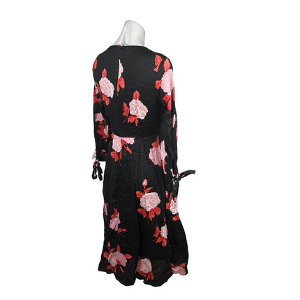 Who What Wear Black Red Cotton Rose Floral Tie Sleeve A Line Midi Dress Size S