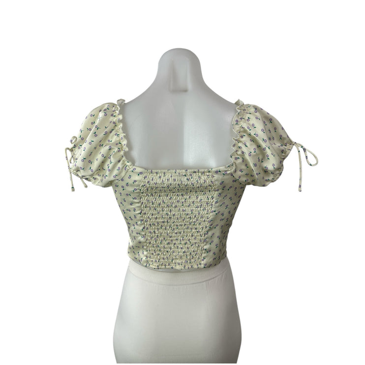Princess Polly Yellow Floral Short Puff Sleeve Corset Bustier Hook Blouse Top 6