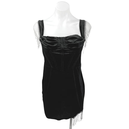 NEW JJ's House Black Velour Velvet Jeweled Fringe Holiday Mini Bodycon Dress L