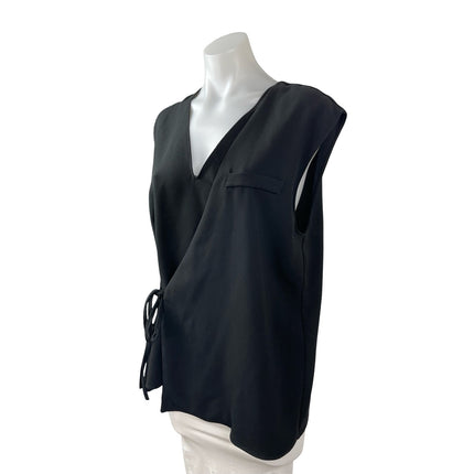 Zara Women's Black Short Cap Sleeve V Neck Tie Wrap Pocket Blouse Top Size L
