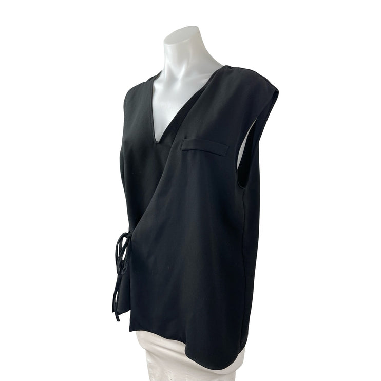 Zara Women's Black Short Cap Sleeve V Neck Tie Wrap Pocket Blouse Top Size L