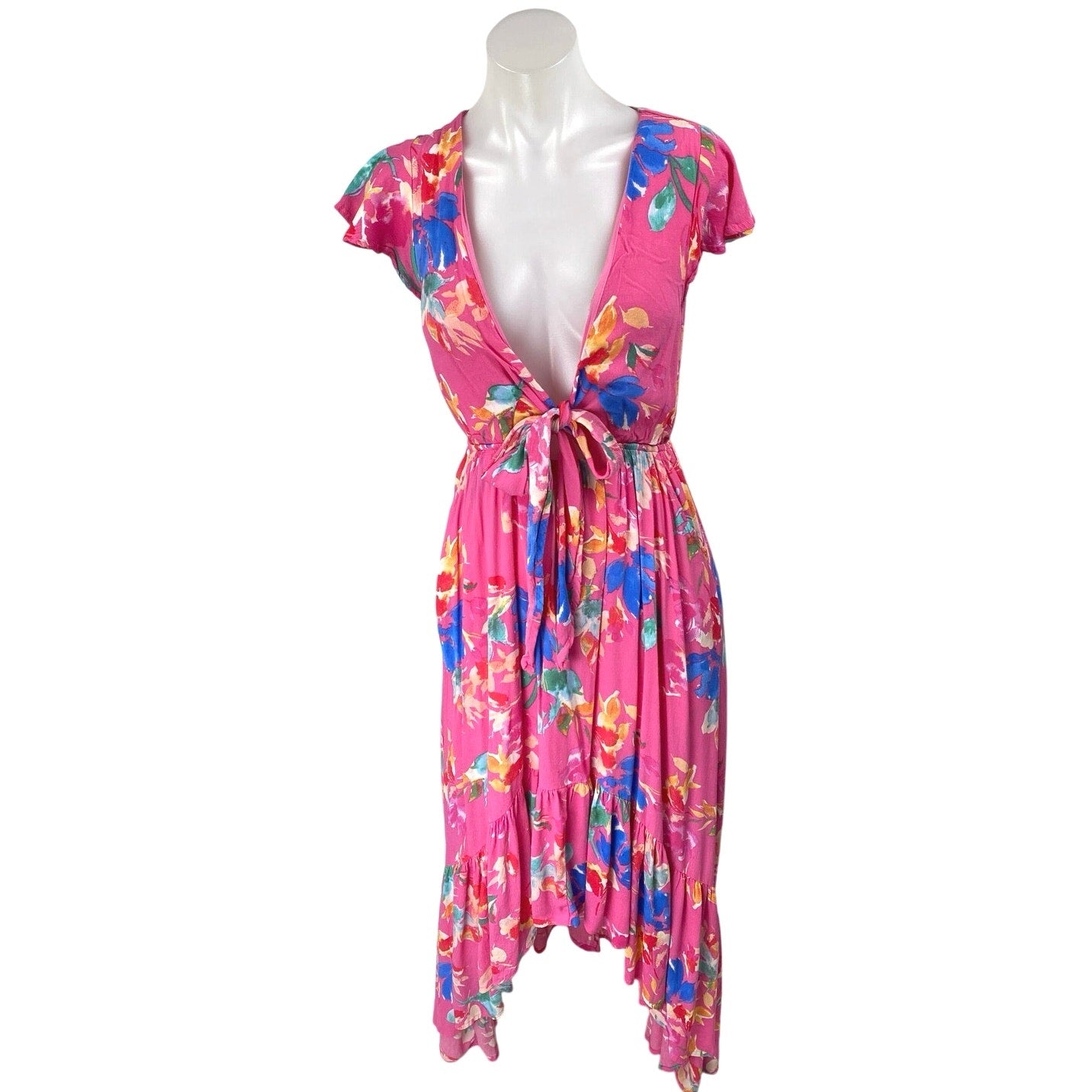 Vici Pink Multicolor Floral Short Cap Sleeve Plunging High Low Maxi Dr –  Brie