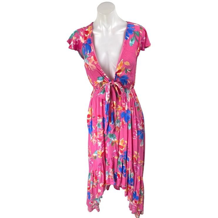 Vici Pink Multicolor Floral Short Cap Sleeve Plunging High Low Maxi Dress Size S