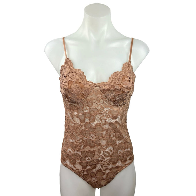 ZARA Brown Adjustable Spaghetti Strap Hips Cut Lace One Piece Bodysuit Size M