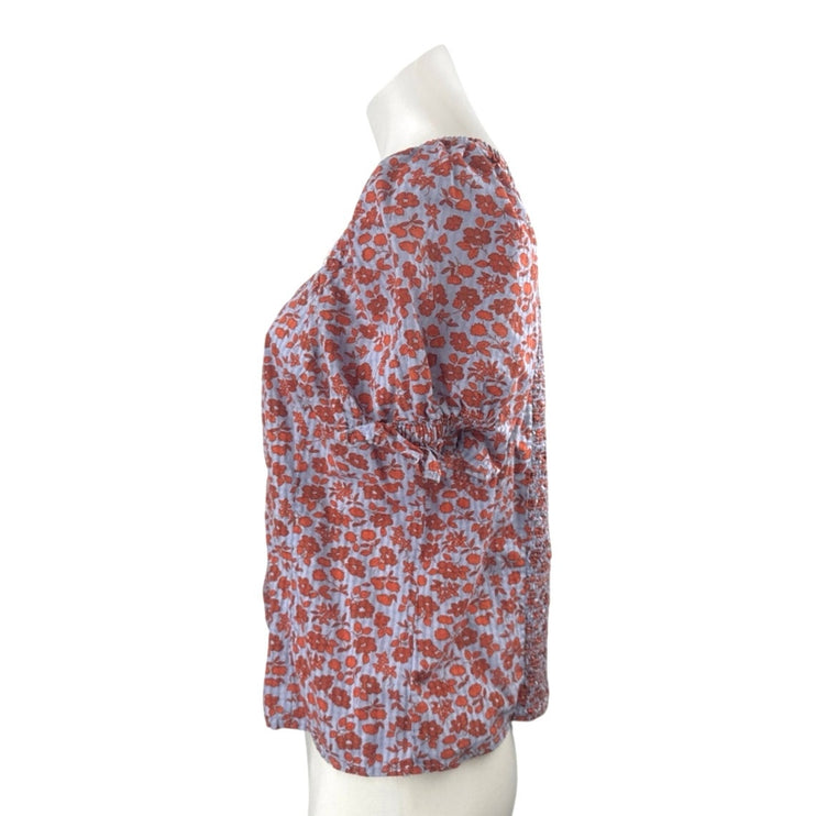 Madewell Women's Multicolor Floral Smocked Short Sleeve Button Up Blouse Top 8