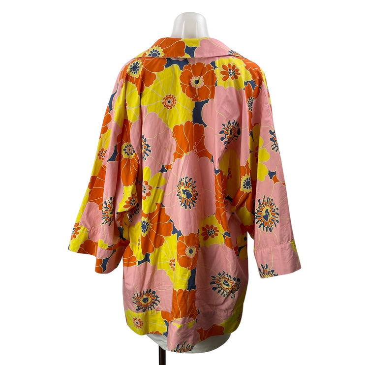 Zara Women's Pink Yellow Floral Long Sleeves Kimono Tunic Shirt Top & Hat Sets M