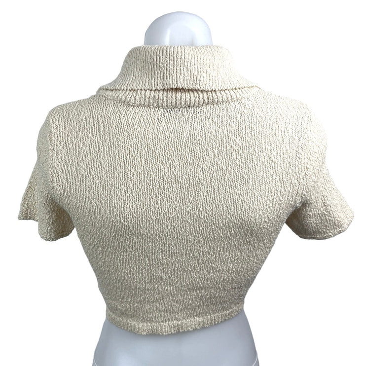 Zara Ecru Cream Knitted Button Front Collar Short Sleeve Cropped Top Blouse XS