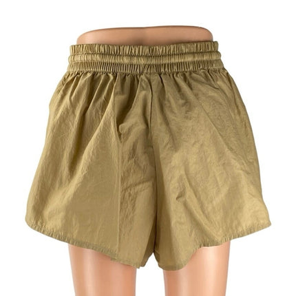 Triangl Women's Gold Tan Elastic High Waist Wide Leg Mini Windbreaker Shorts M