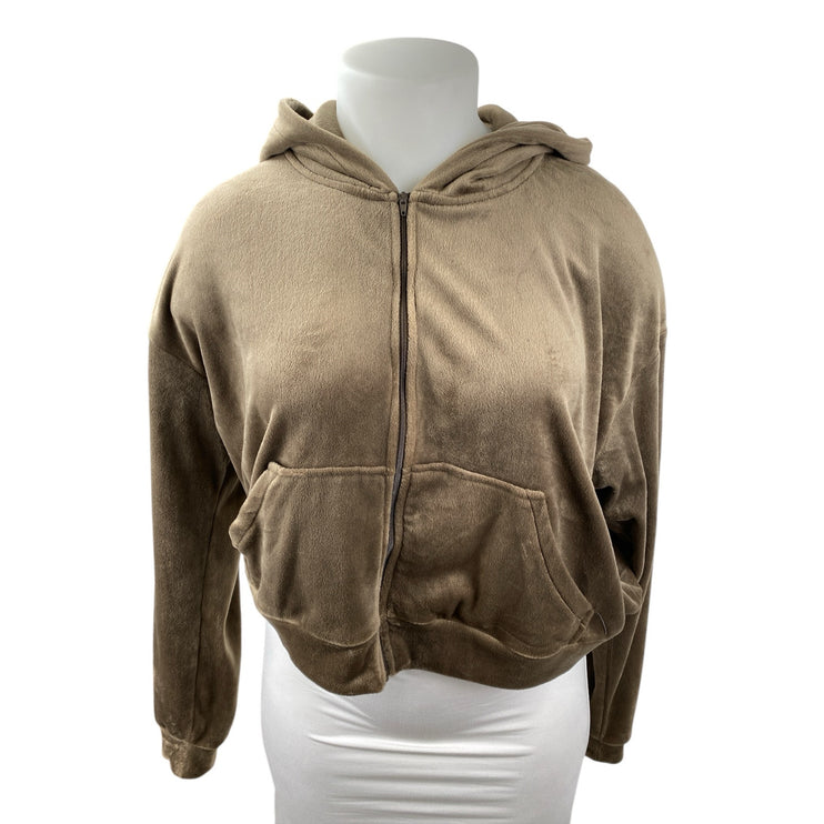 H&M Women's Brown Fleece Full Zip Hoodie Hooded Long Sleeve Sweatshirt Top XL