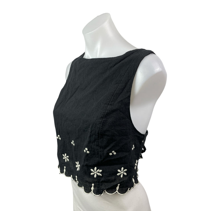 Free People Kayla Black Floral Embroidered Sleeveless Tie Blouse Top Size S