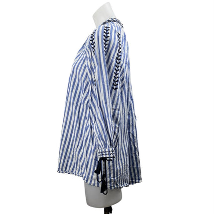 Zara Blue White Striped Embroidered Tie Neck Tassels Long Sleeve Blouse Top Sz M