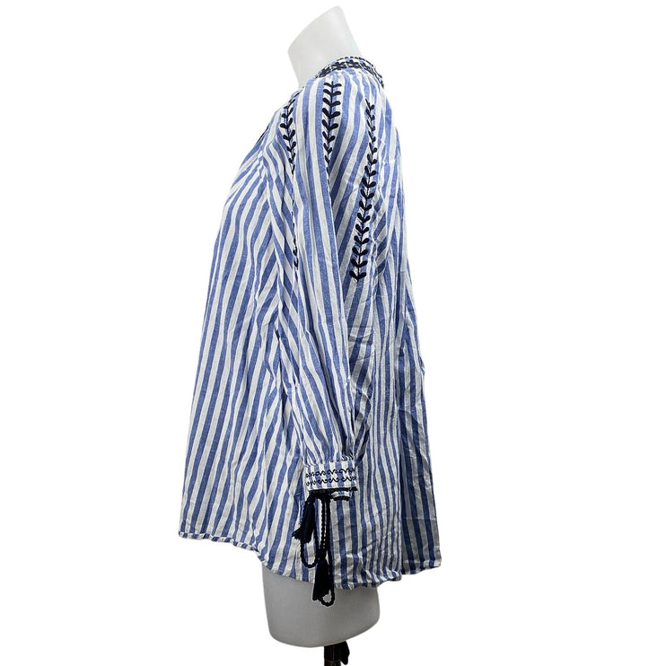 Zara Blue White Striped Embroidered Tie Neck Tassels Long Sleeve Blouse Top Sz M