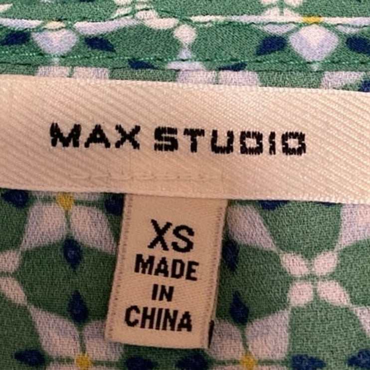 Max Studio Green Geometric Print Long Sleeve Belted Peplum Blouse Shirt Top XS