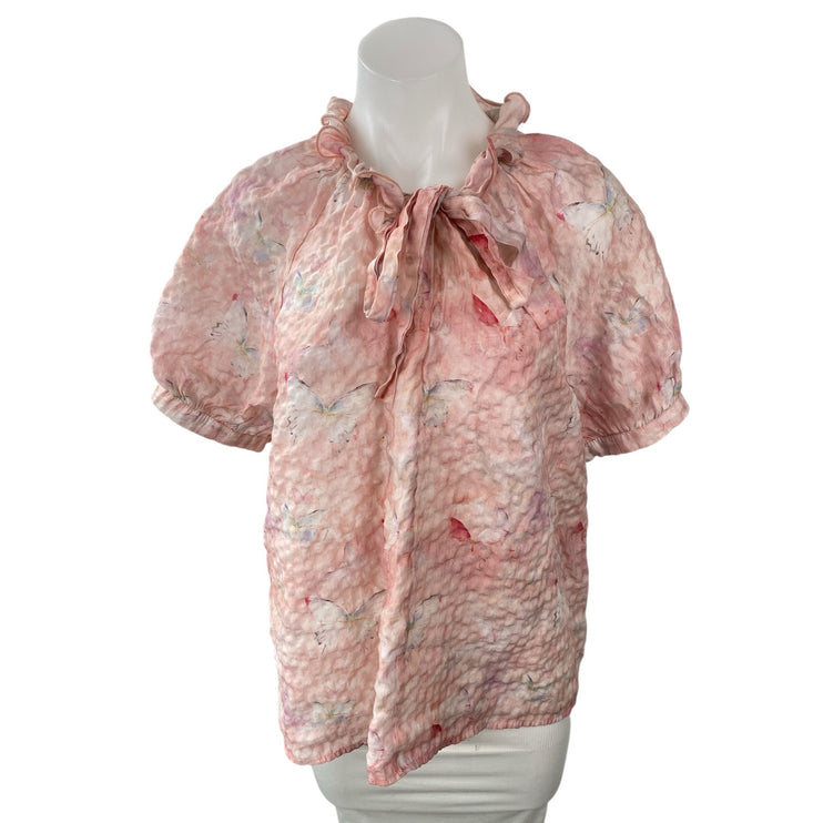 Alice Blue Women's Pink Butterfly Pink Short Puff Sleeve Tie Ruffle Blouse Top L