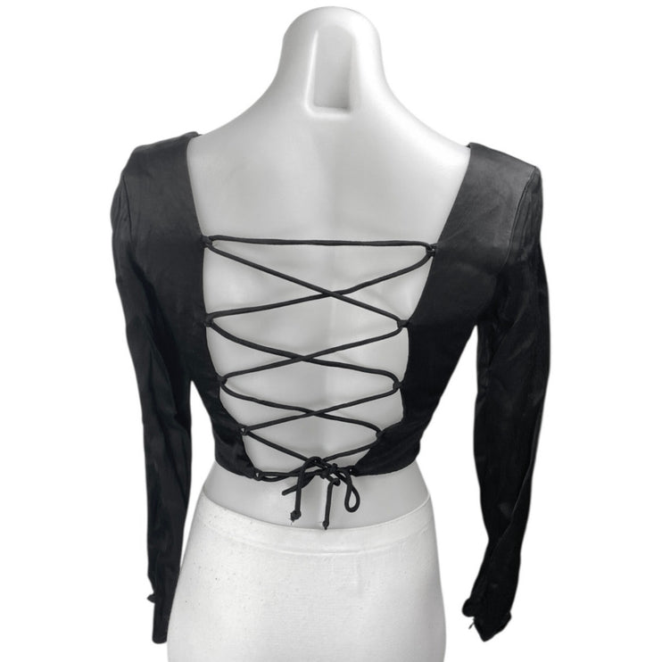 Zara Black Silky Satin Long Sleeve Square Neck Lace Up Back Crop Blouse Top Sz M