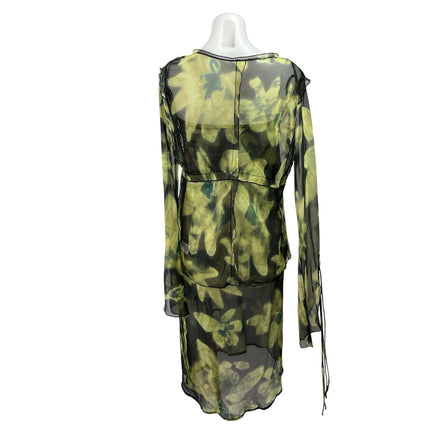 Commense Green Floral Mesh Long Sleeve Tie Cardigan Tank Midi Dress Set Size M