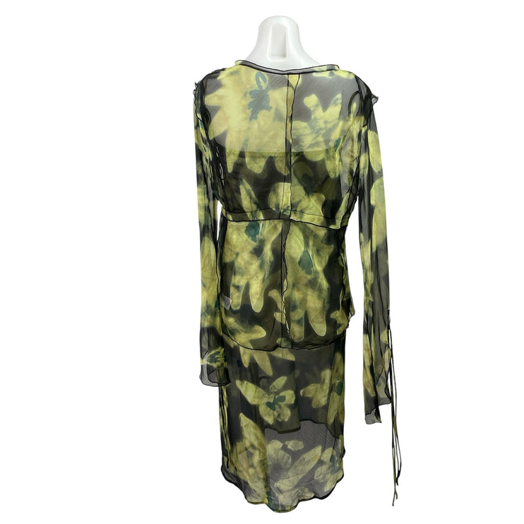 Commense Green Floral Mesh Long Sleeve Tie Cardigan Tank Midi Dress Set Size M