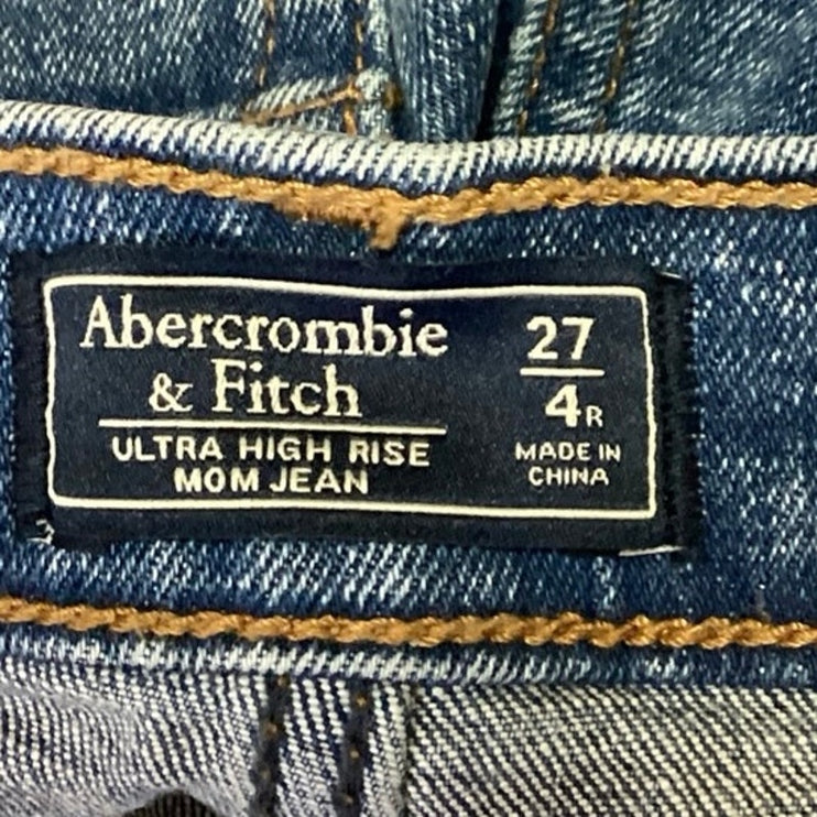 Abercrombie & Fitch Blue Denim Ultra High Rise Ripped Straight Mom Jeans Sz 27