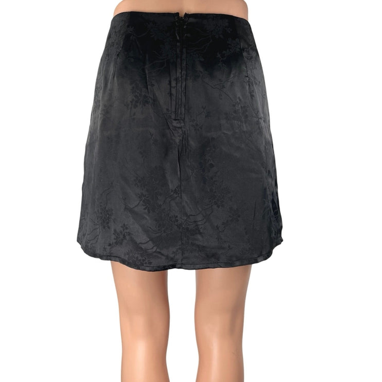 Mi Ami Black Silk Satin Floral Jacquard Slit Zipper Mini Straight Pencil Skirt M