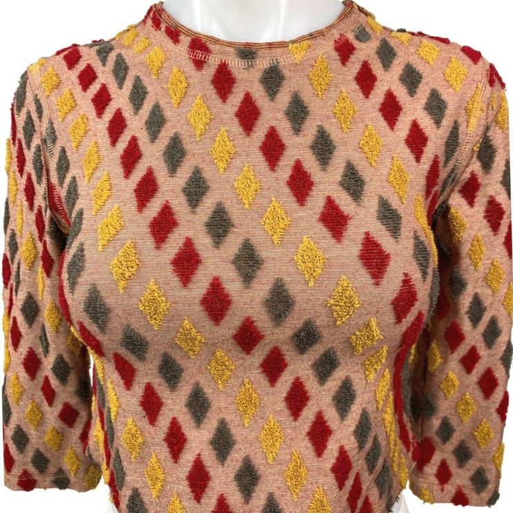 Free People Magic Carpet Tan Multicolor Crewneck 3/4 Sleeve Tee Crop Top Size XS