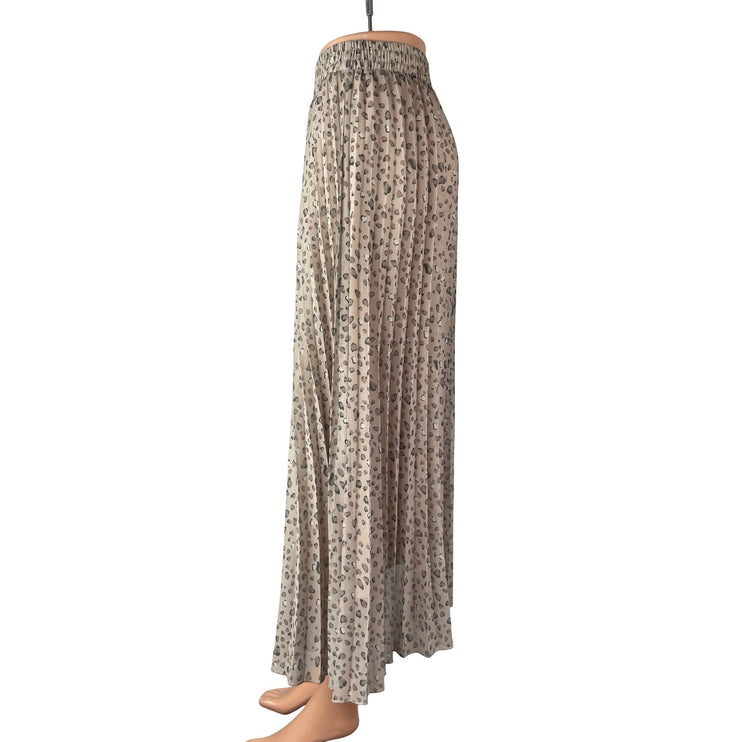 Exlura Beige Leopard Animal Print Pleated High Waist A Line Midi Skirt Size S