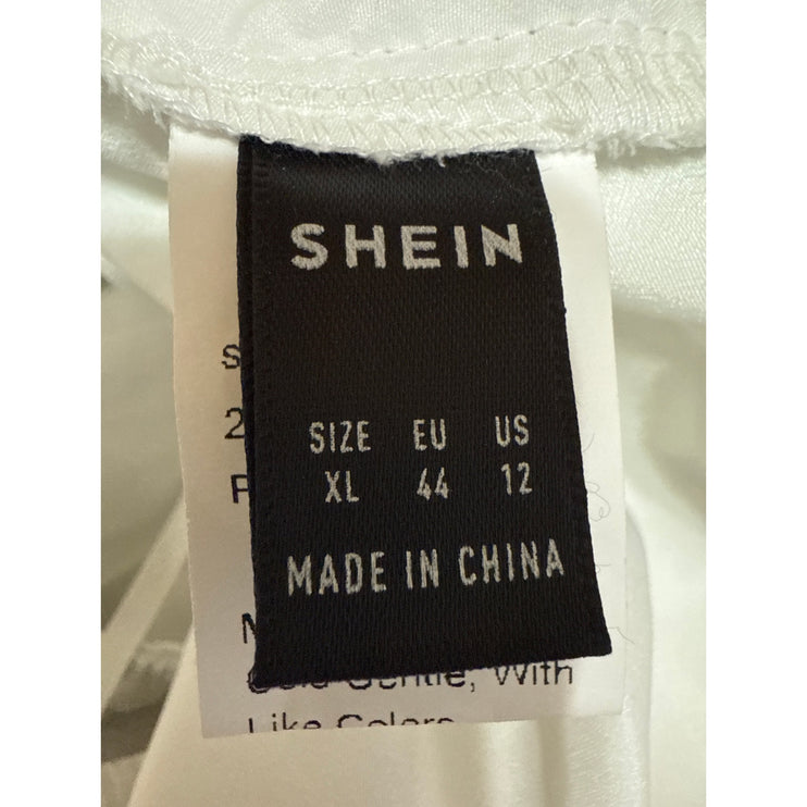 Shein White Floral Embroidered Short Puff Sleeve Ruffle Peplum Blouse Top Sz XL