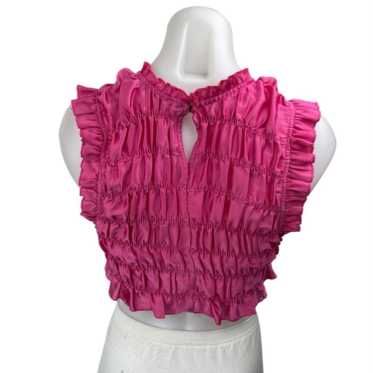 Zara Pink Silk Satin Sleeveless Ruffle Mock Neck Ruched Blouse Crop Top Size S