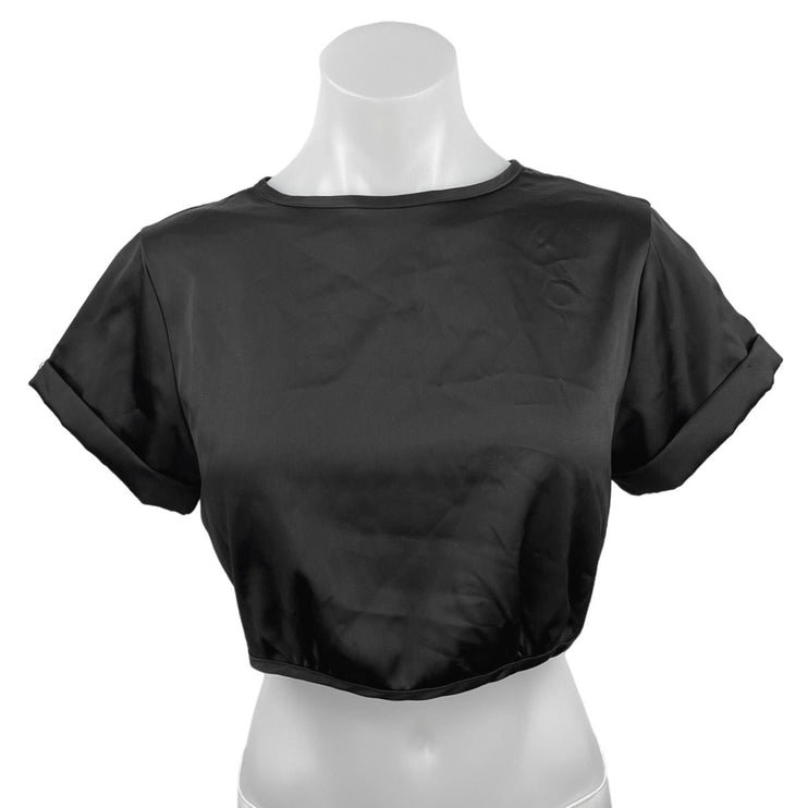 12th Tribe Women's Black Short Sleeve Crew Neck Tie Back Blouse Crop Top Size M