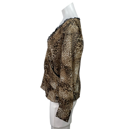 Emma James Brown Leopard Animal Print Lace Trim Long Sleeve Blouse Top Size 14