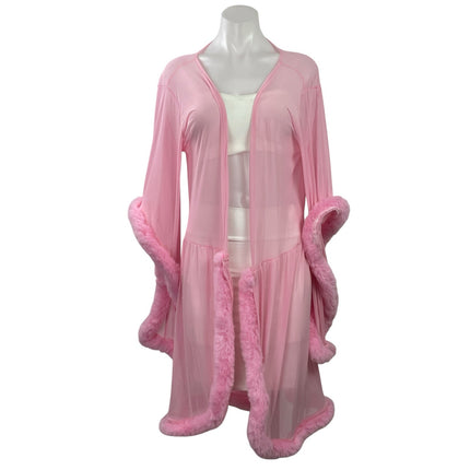 Womens Pink Faux Fur Sheer Mesh Marabou Feather Cover Up Kimono Sleepwear Robe L