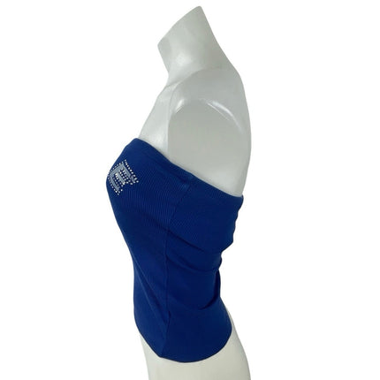 Bebe Sport Rhinestone Logo Blue Ribbed Strapless Y2K Bodycon Tube Bandeau Top S