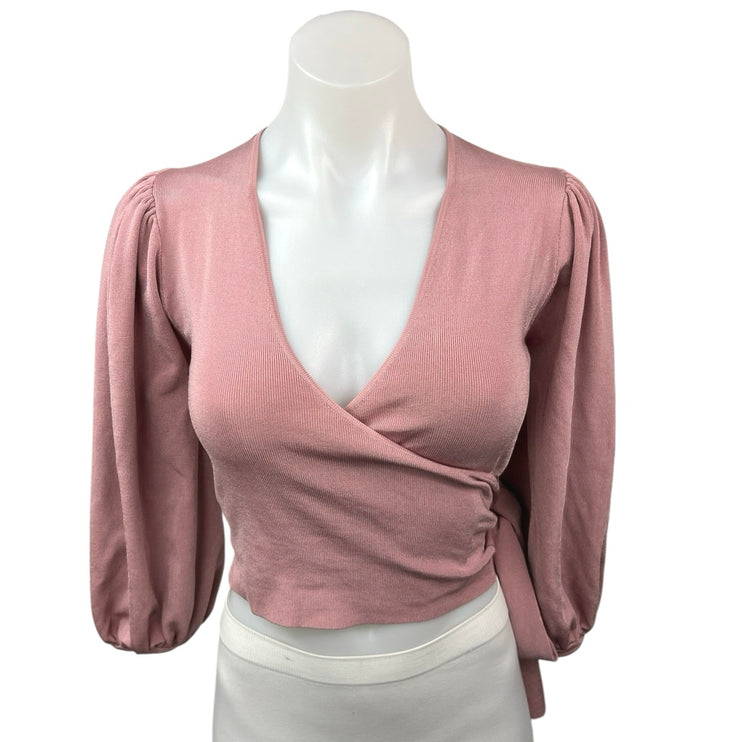 Zara Pink Wrap V-Neck Puff Balloon Sleeve Knitted Tie Waist Crop Blouse Top S