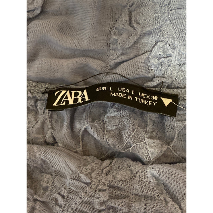 Zara Womens Blue Textured Ruched Cowl Neck Short Cap Sleeve Blouse Top Size L