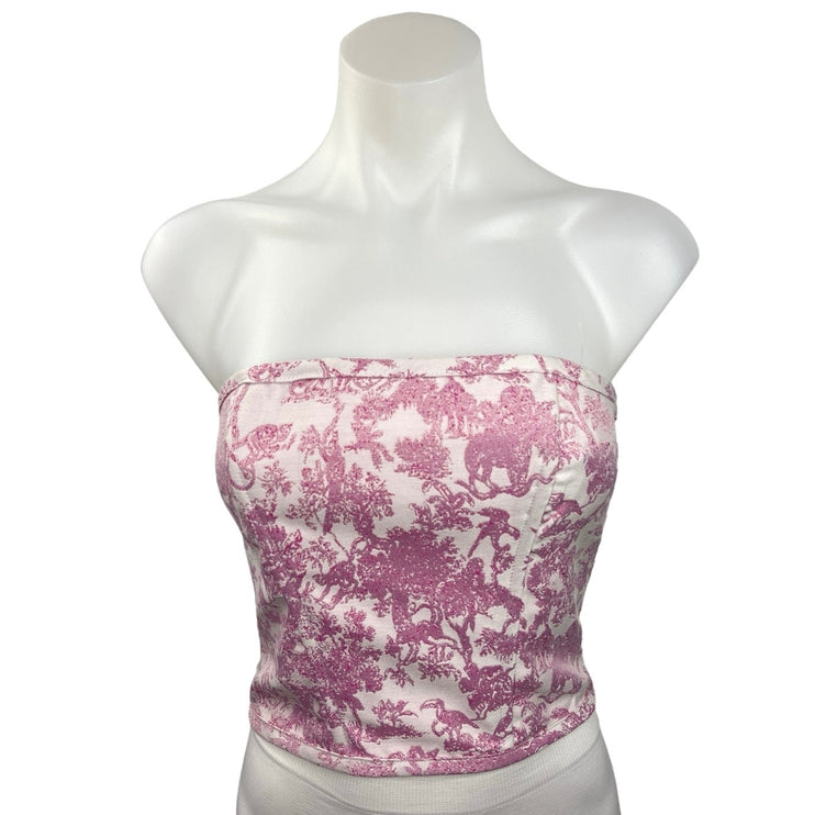 Tic Toc Womens Pink Floral Print Strapless Criss Cross Tie Back Bustier Top Sz S