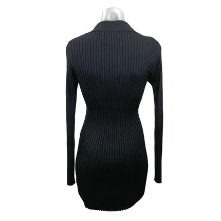 Solid & Striped Black Long Sleeve V Neck Ribbed Knit Mini Bodycon Dress Size M